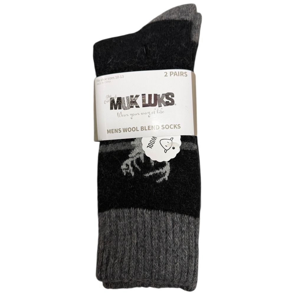 Muk Luks Mens Wool‎ Blend Socks 2 Pairs Black Grey Deer Size 10-13